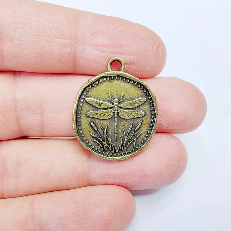 Dragonfly Charm Pendant, Double Sided Nature Design, Round Botanical Medallion, 28x24mm, Antique Bronze G37866