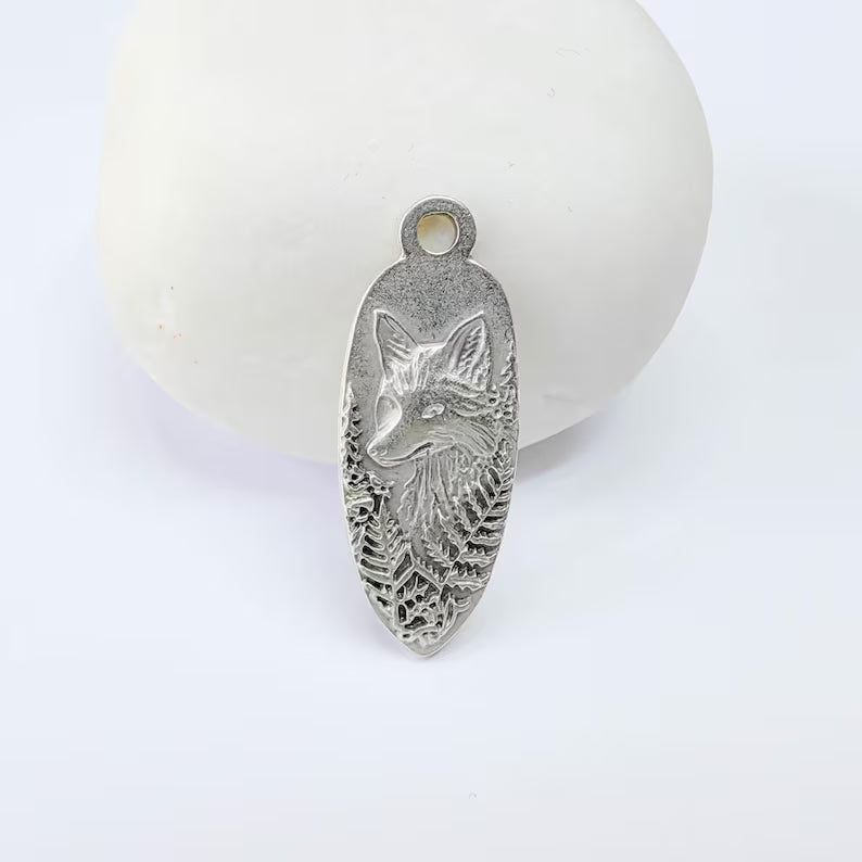 Fox Charm Pendant, Double Sided Woodland Animal Design Wolf, Antique Silver Plated, 30x12mm, G37867