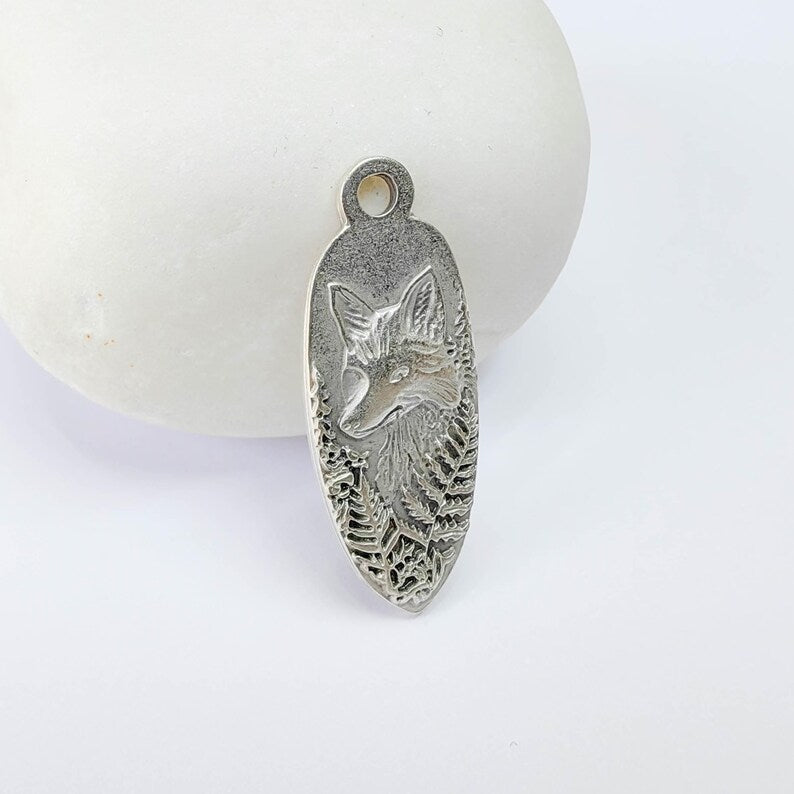 Fox Charm Pendant, Double Sided Woodland Animal Design Wolf, Antique Silver Plated, 30x12mm, G37867
