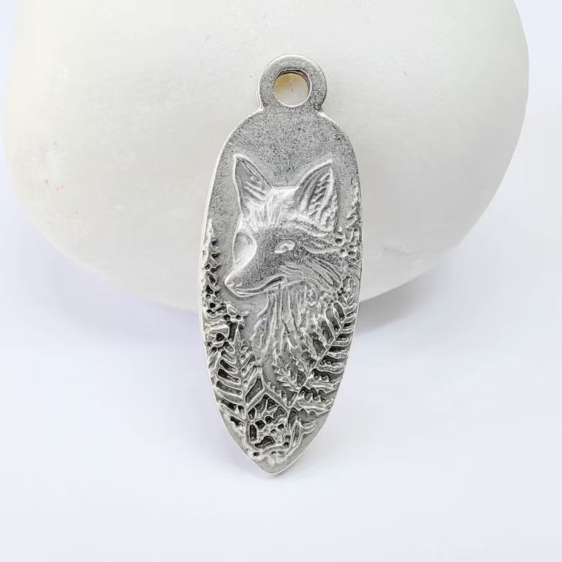 Fox Charm Pendant, Double Sided Woodland Animal Design Wolf, Antique Silver Plated, 30x12mm, G37867