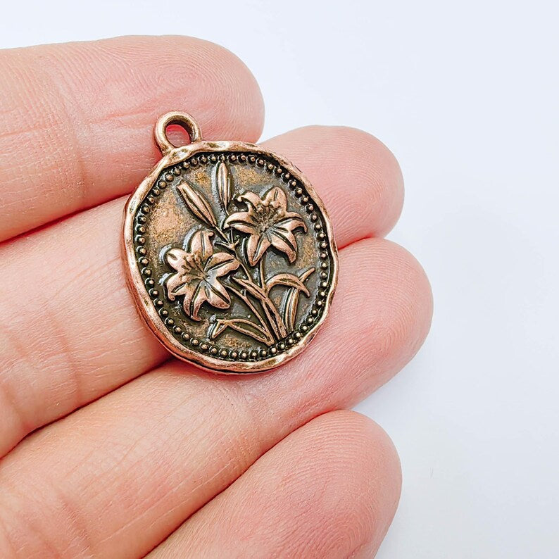 Lily Flower Charm Pendant, Double Sided Botanical Nature Design, Round Shape, 28x24mm, G37868
