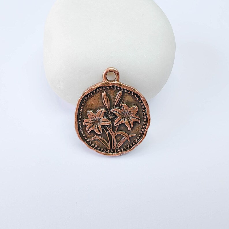 Lily Flower Charm Pendant, Double Sided Botanical Nature Design, Round Shape, 28x24mm, G37868