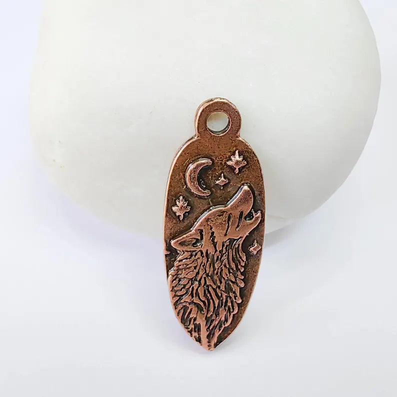 Wolf Head Charm Pendant, Double Sided Celestial Animal Design, 30x12mm, Antique Copper Plated G37870