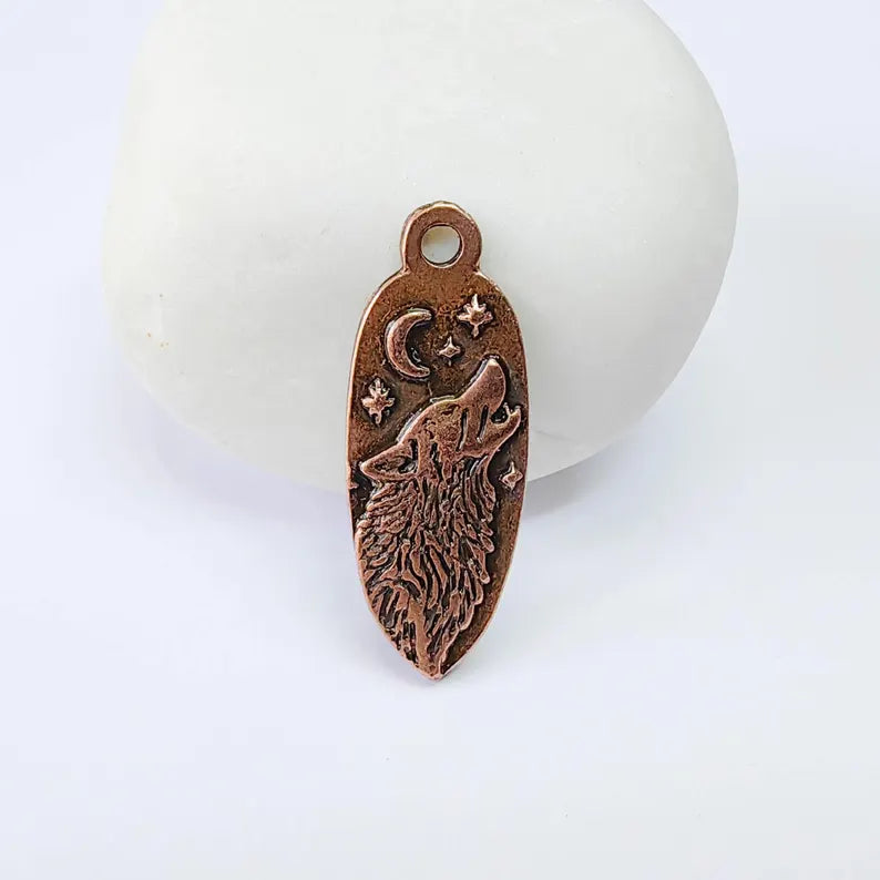Wolf Head Charm Pendant, Double Sided Celestial Animal Design, 30x12mm, Antique Copper Plated G37870
