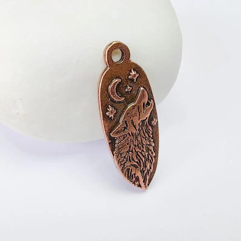 Wolf Head Charm Pendant, Double Sided Celestial Animal Design, 30x12mm, Antique Copper Plated G37870