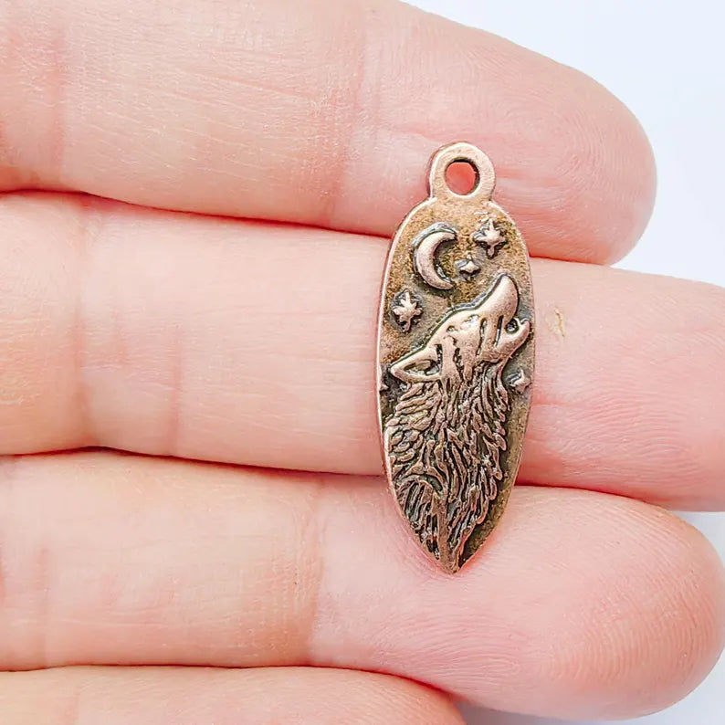Wolf Head Charm Pendant, Double Sided Celestial Animal Design, 30x12mm, Antique Copper Plated G37870