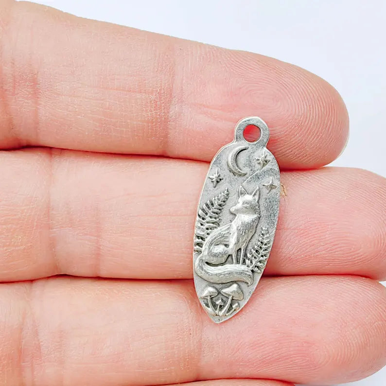 Fox Moon Charm Pendant, Double Sided Woodland Design, Antique Silver Plated, 30x12mm, G37873