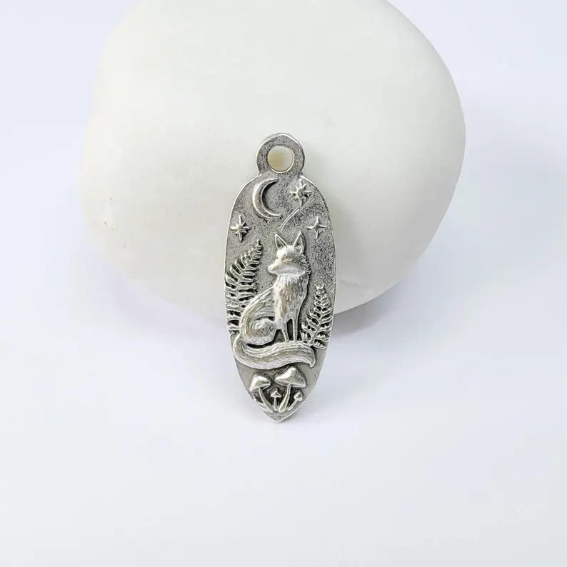 Fox Moon Charm Pendant, Double Sided Woodland Design, Antique Silver Plated, 30x12mm, G37873