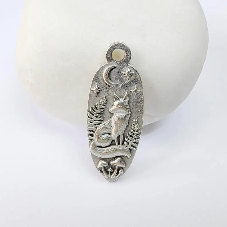 Fox Moon Charm Pendant, Double Sided Woodland Design, Antique Silver Plated, 30x12mm, G37873