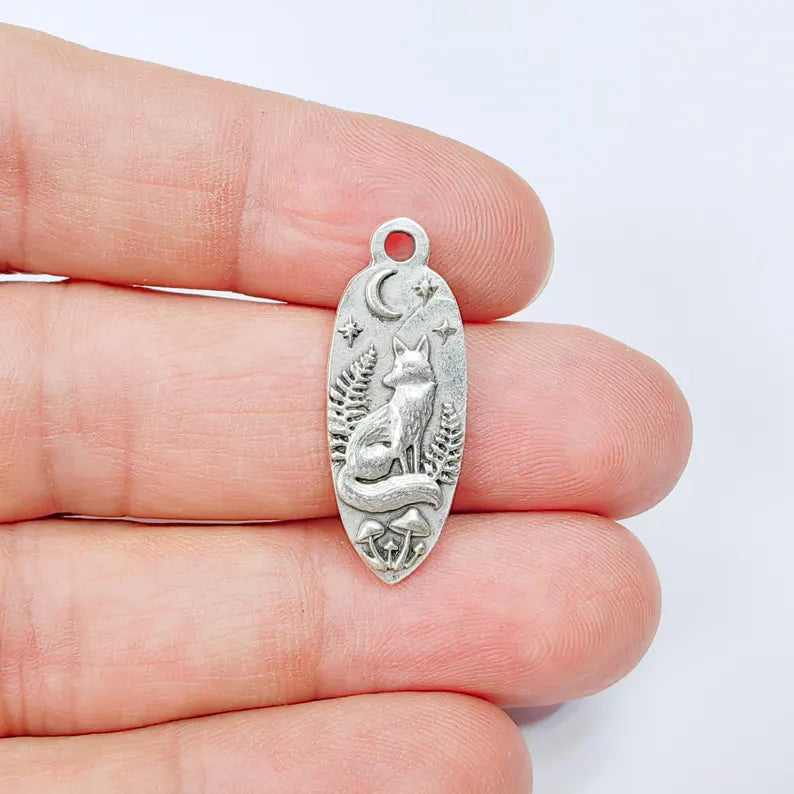 Fox Moon Charm Pendant, Double Sided Woodland Design, Antique Silver Plated, 30x12mm, G37873