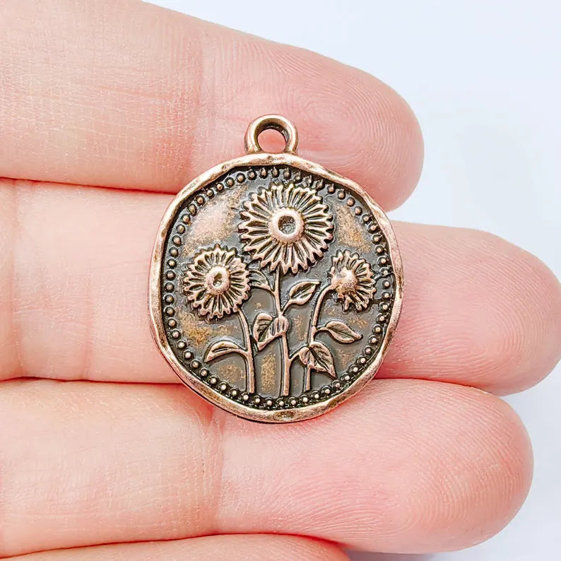Sunflower Charm Pendant, Double Sided Botanical Floral Design, 28x24mm, Antique Copper Plated G37872