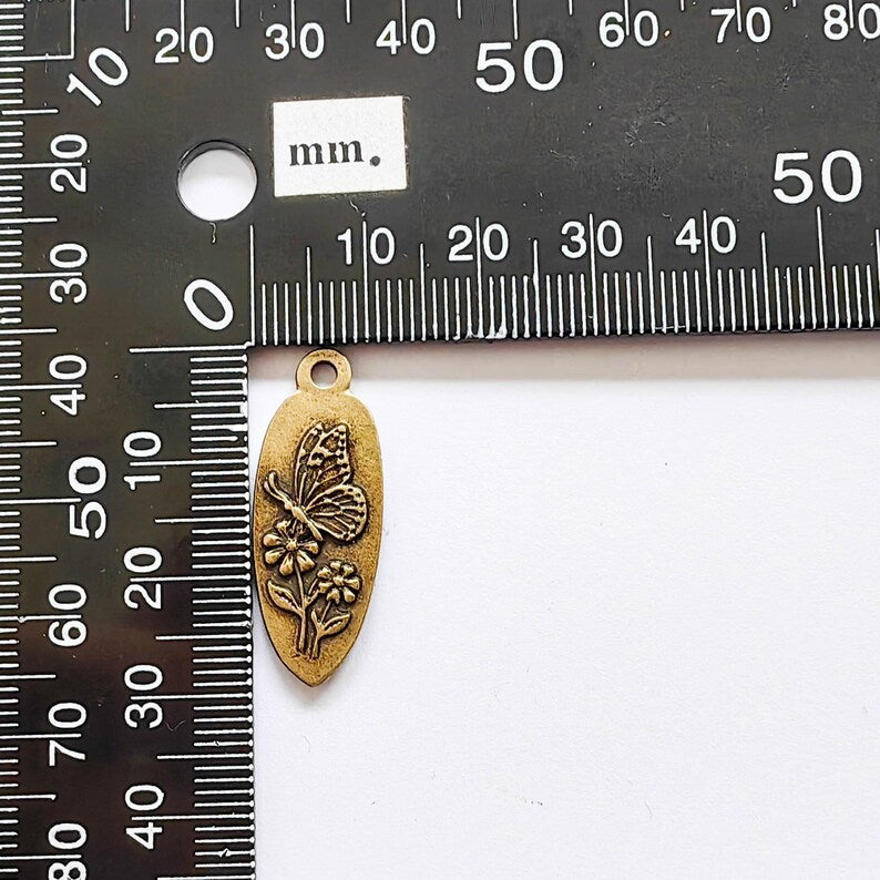 Butterfly Flower Charm Pendant, Double Sided Nature Design, Antique Bronze Plated, 30x12mm, G38041