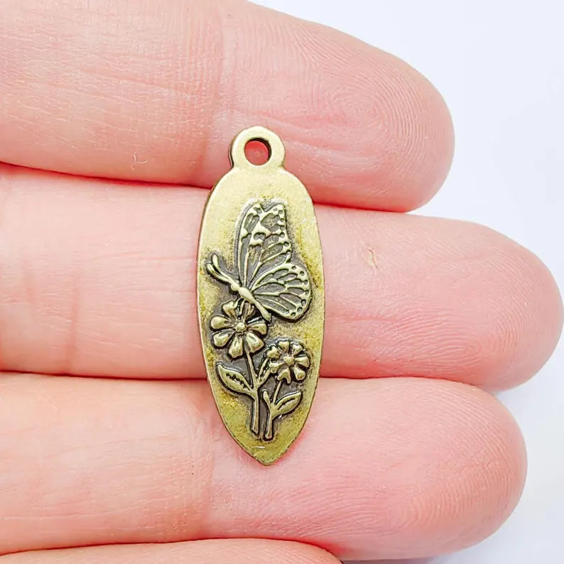 Butterfly Flower Charm Pendant, Double Sided Nature Design, Antique Bronze Plated, 30x12mm, G38041