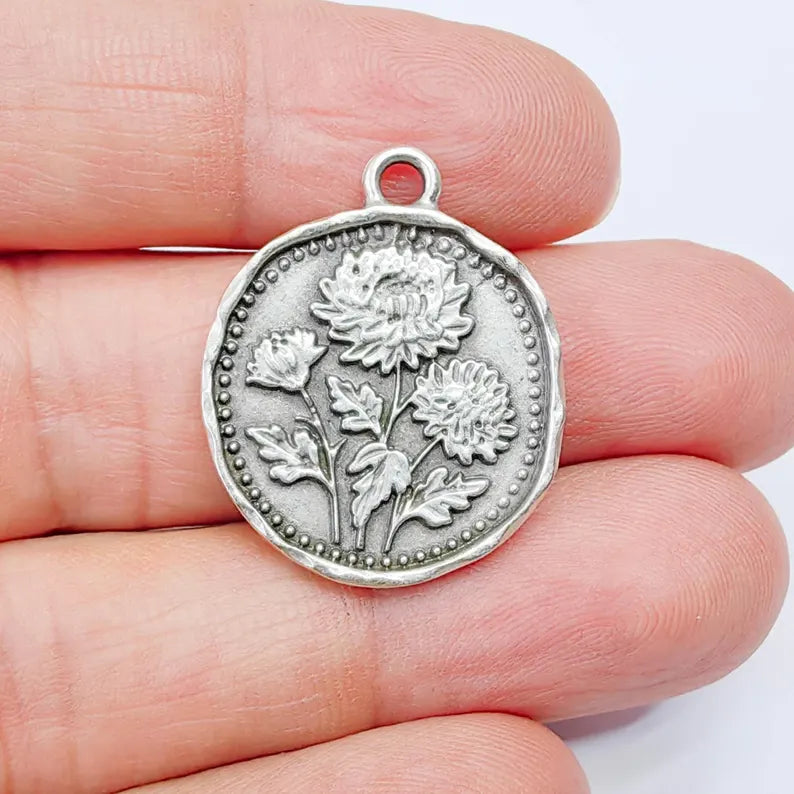 Chrysanthemum Flower Charm Pendant, Double Sided Botanical Design, Antique Silver Plated, 28x24mm, G37875