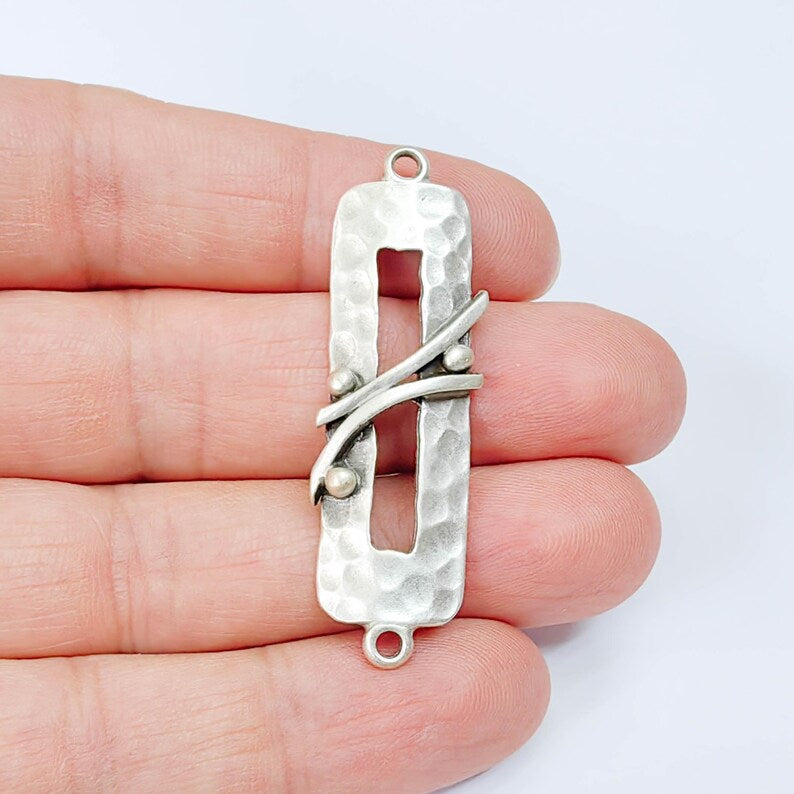 Hammered Rectangle Connector Charm, Modern Geometric Design, Antique Silver Plated, 51x15mm, G37876