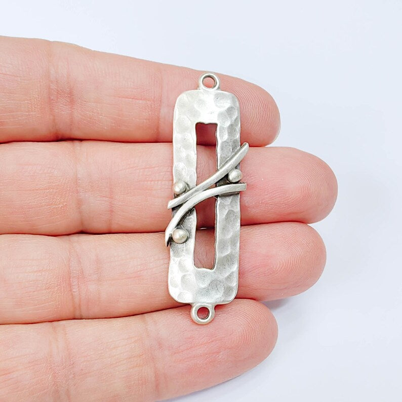 Hammered Rectangle Connector Charm, Modern Geometric Design, Antique Silver Plated, 51x15mm, G37876