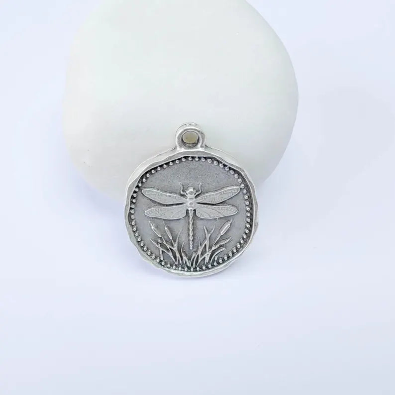 Dragonfly Charm Pendant, Double Sided Nature Design, Botanical Medallion, 28x24mm, Antique Silver Plated G37878