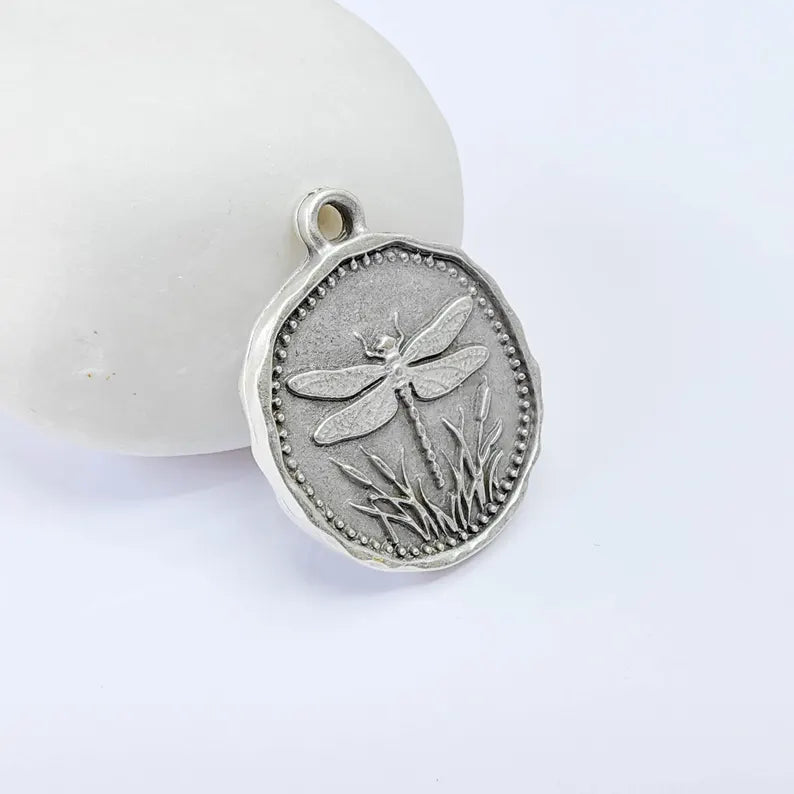 Dragonfly Charm Pendant, Double Sided Nature Design, Botanical Medallion, 28x24mm, Antique Silver Plated G37878