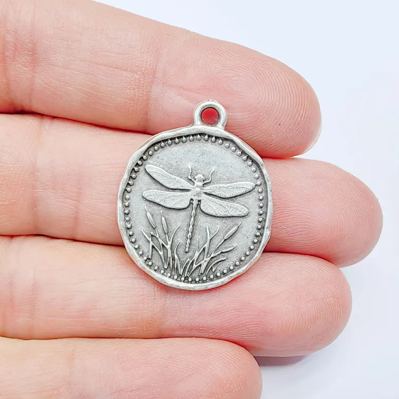 Dragonfly Charm Pendant, Double Sided Nature Design, Botanical Medallion, 28x24mm, Antique Silver Plated G37878