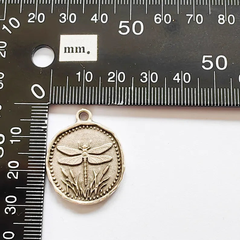 Dragonfly Charm Pendant, Double Sided Nature Design, Botanical Medallion, 28x24mm, Antique Silver Plated G37878