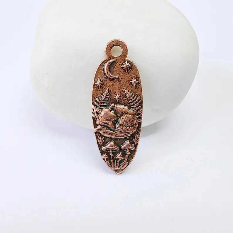 Sleeping Fox Charm Pendant, Double Sided Woodland Animal Design, 30x12mm, Antique Copper Plated G37879