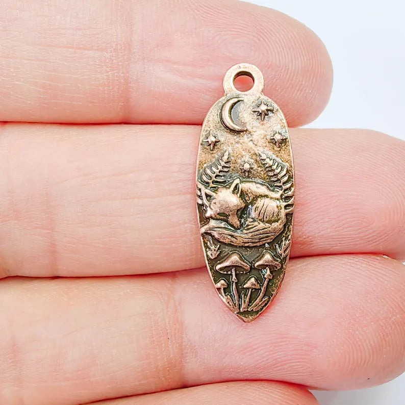 Sleeping Fox Charm Pendant, Double Sided Woodland Animal Design, 30x12mm, Antique Copper Plated G37879