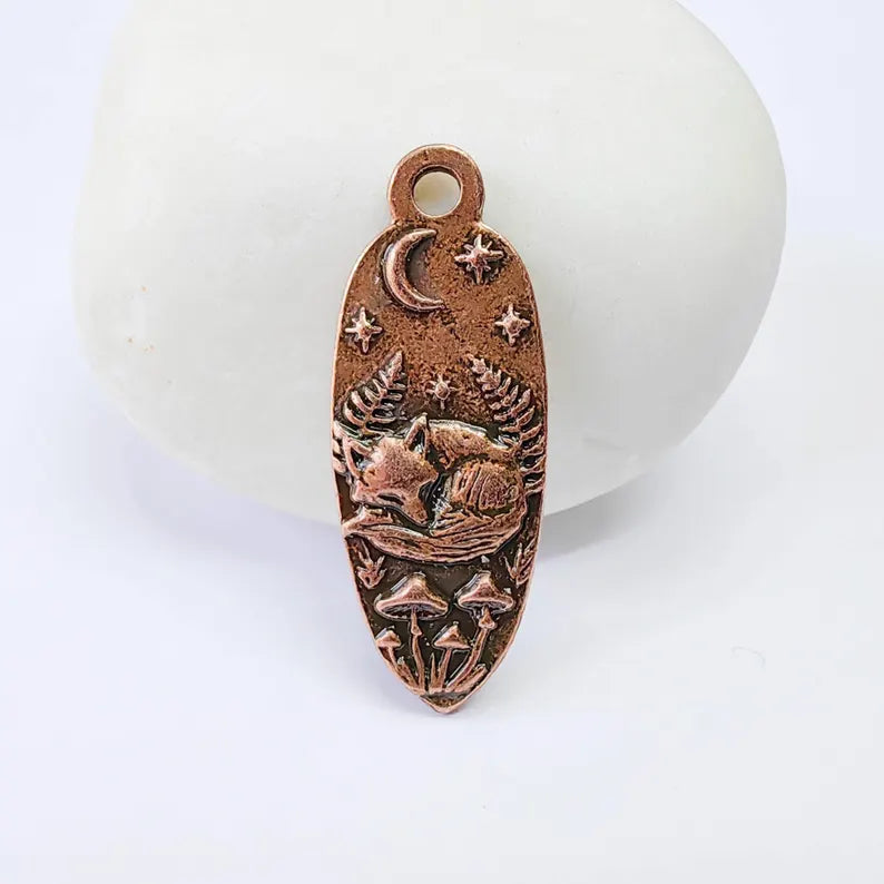 Sleeping Fox Charm Pendant, Double Sided Woodland Animal Design, 30x12mm, Antique Copper Plated G37879