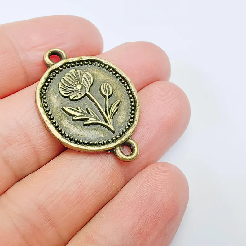 Poppy Flower Charm Connector, Botanical Floral Symbol, Round Coin, Antique Bronze Plated 34x24mm, G37880