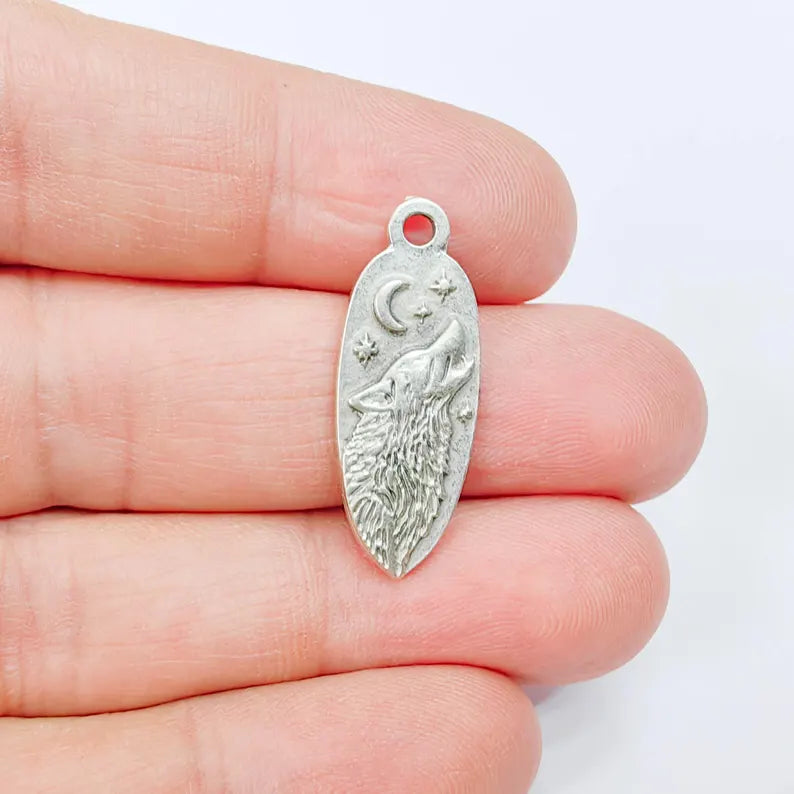 Wolf Head Charm Pendant, Double Sided Celestial Animal Design, 30x12mm, Antique Silver Plated G37882