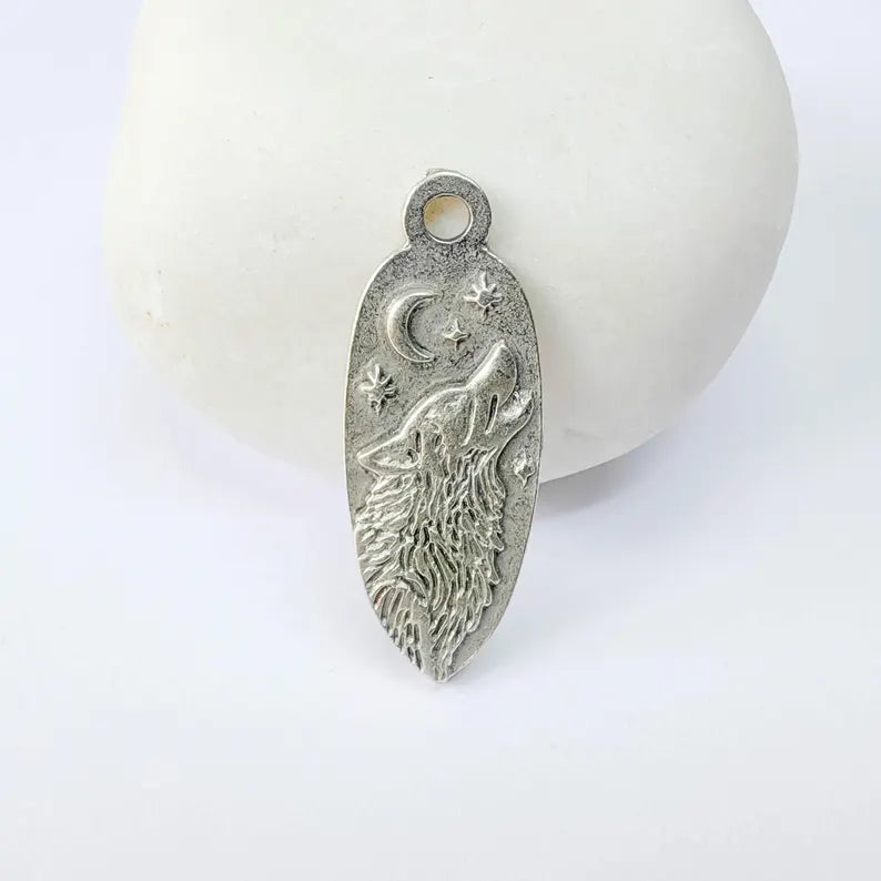 Wolf Head Charm Pendant, Double Sided Celestial Animal Design, 30x12mm, Antique Silver Plated G37882