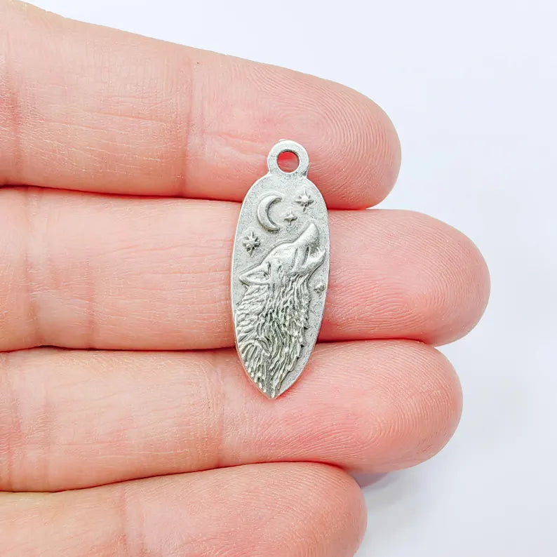 Wolf Head Charm Pendant, Double Sided Celestial Animal Design, 30x12mm, Antique Silver Plated G37882