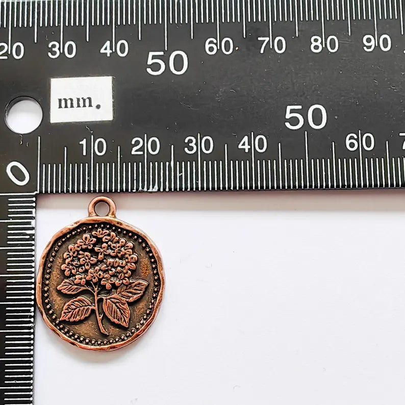 Hydrangea Flower Charm Pendant, Double Sided Botanical Floral Design, 28x24mm, Antique Copper Plated G37883