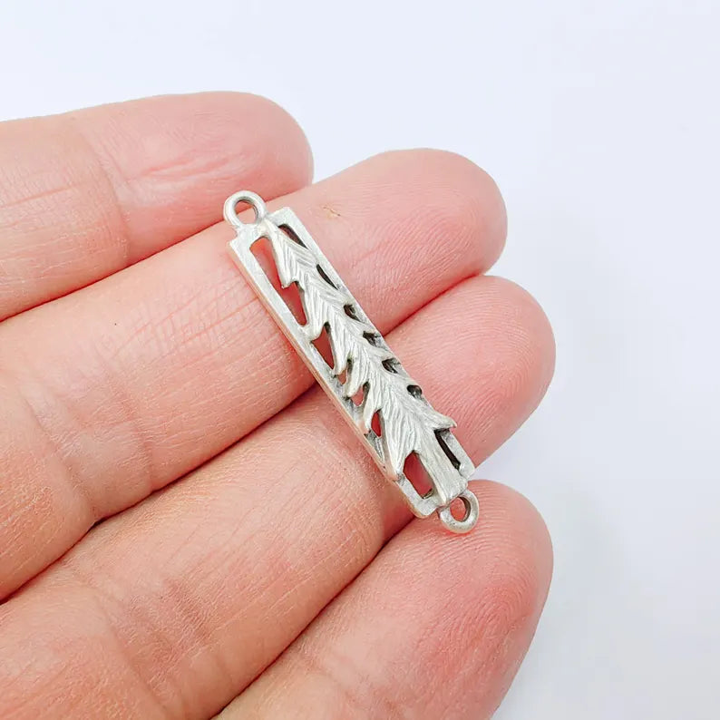 2 Pine Tree Connector Charm, Forest Nature Design, Antique Silver Plated, Rectangle Shape, 36x7mm, G37885