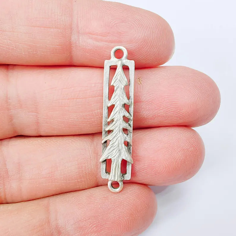 2 Pine Tree Connector Charm, Forest Nature Design, Antique Silver Plated, Rectangle Shape, 36x7mm, G37885