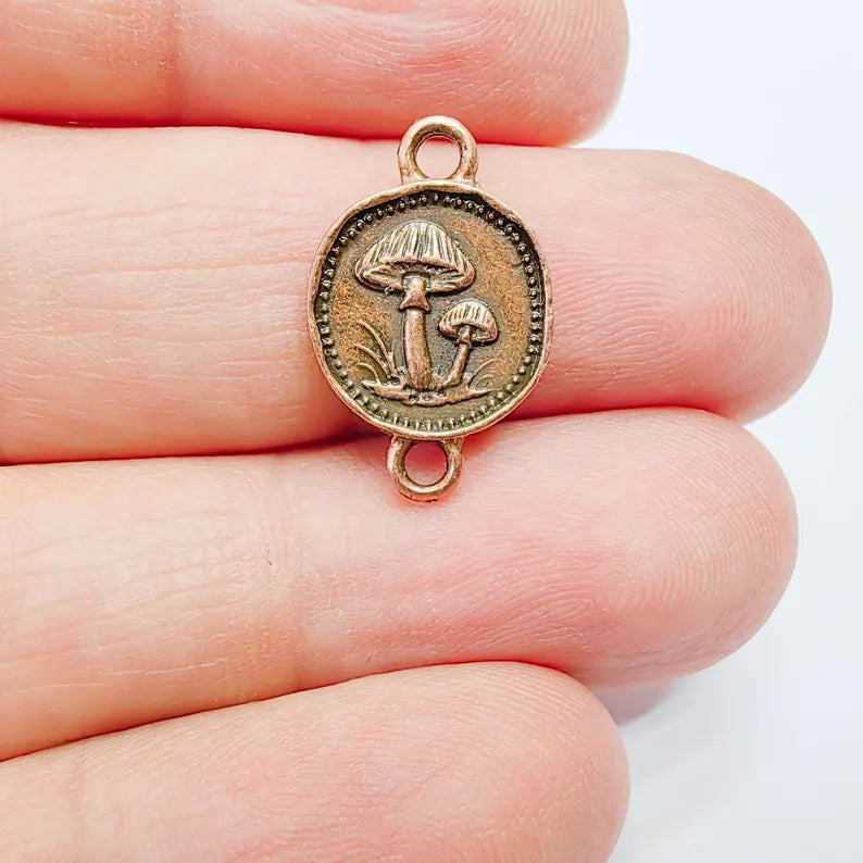 4 Mushroom Charm Connector, Double Sided Forest Nature Design, Antique Copper Plated, 20x13mm, G37886
