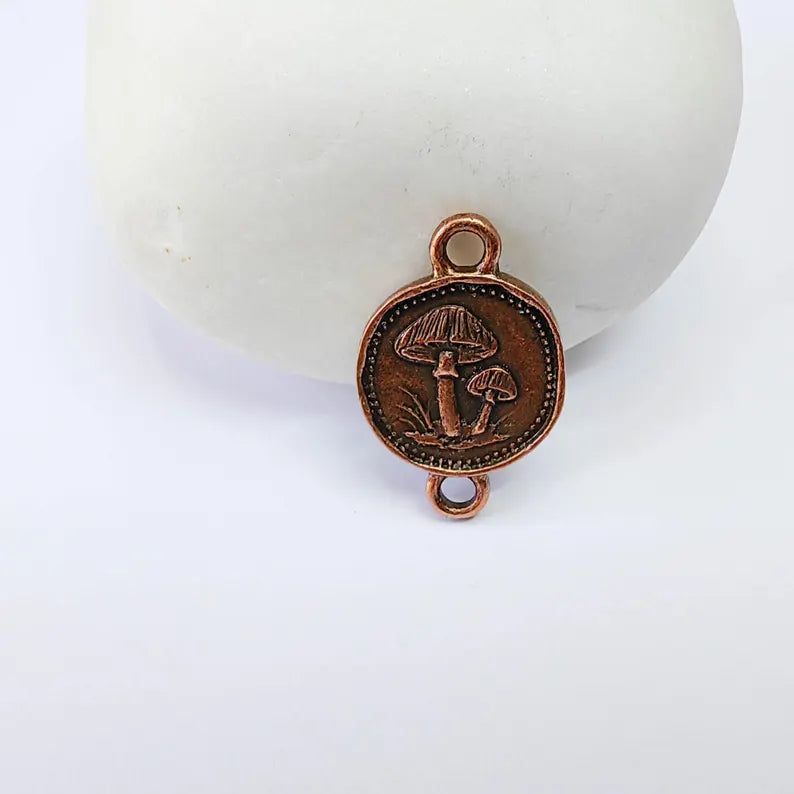 4 Mushroom Charm Connector, Double Sided Forest Nature Design, Antique Copper Plated, 20x13mm, G37886