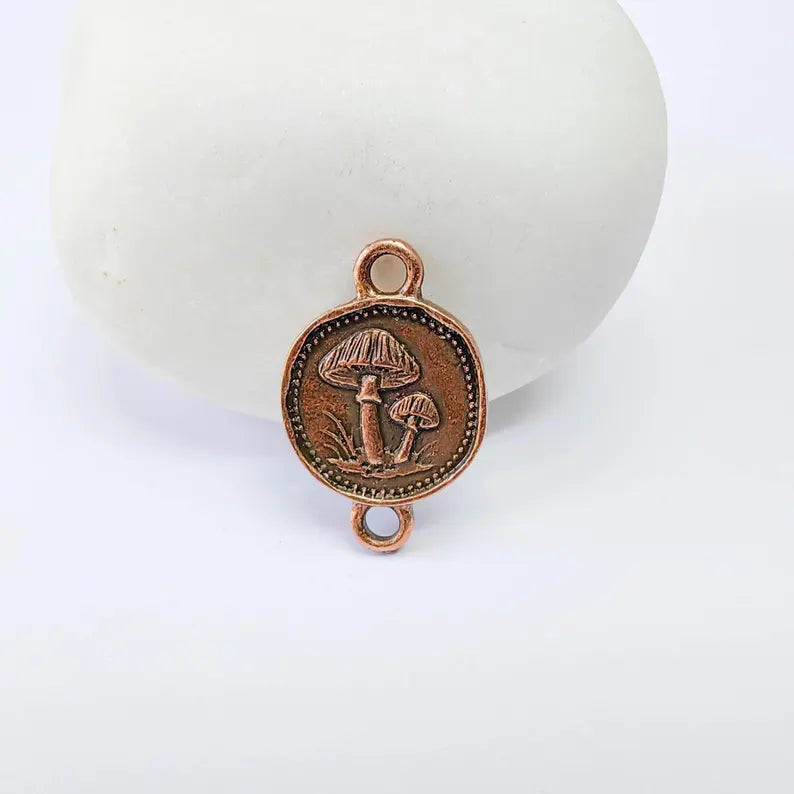 4 Mushroom Charm Connector, Double Sided Forest Nature Design, Antique Copper Plated, 20x13mm, G37886