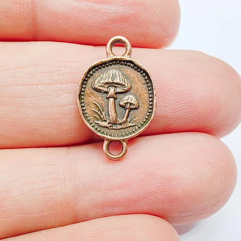 4 Mushroom Charm Connector, Double Sided Forest Nature Design, Antique Copper Plated, 20x13mm, G37886
