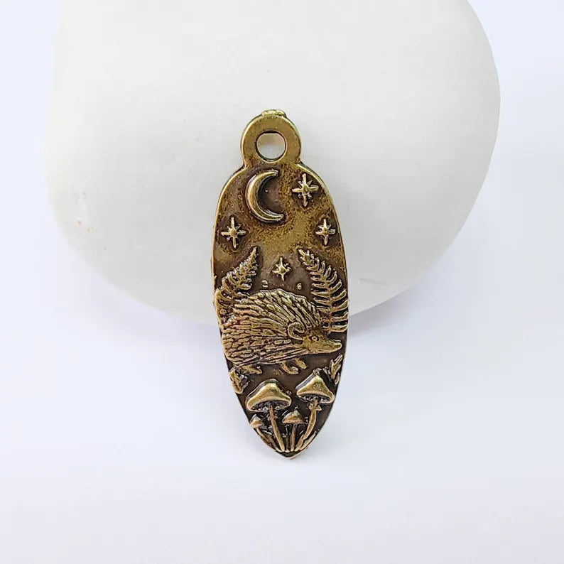 Hedgehog Charm Pendant, Double Sided Woodland Nature Design, Oval Shape, 30x12mm, Antique Bronze G37889