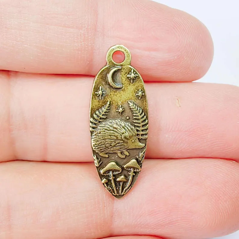 Hedgehog Charm Pendant, Double Sided Woodland Nature Design, Oval Shape, 30x12mm, Antique Bronze G37889