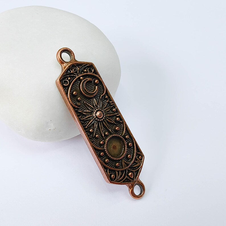 Celestial Star Connector, Moon and Sun Pendant, Cosmic Charm, Antique Copper Plated 49x14mm G37890