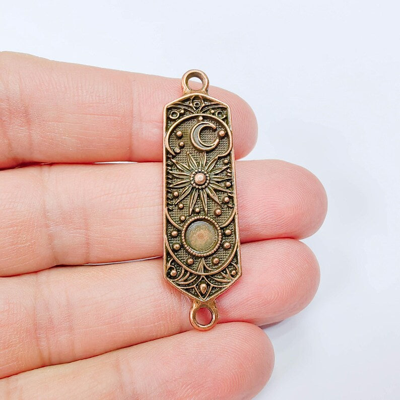 Celestial Star Connector, Moon and Sun Pendant, Cosmic Charm, Antique Copper Plated 49x14mm G37890