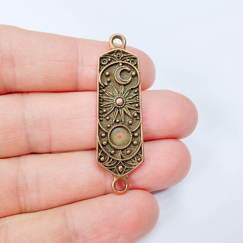 Celestial Star Connector, Moon and Sun Pendant, Cosmic Charm, Antique Copper Plated 49x14mm G37890