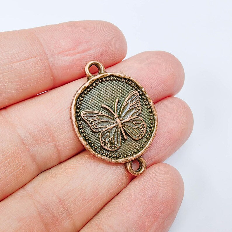 Butterfly Charm Connector, Round Insect Motif Design, Antique Copper Plated, Double Loop, 34x24mm, G37891