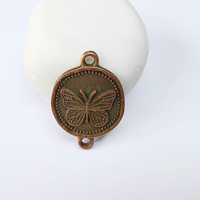 Butterfly Charm Connector, Round Insect Motif Design, Antique Copper Plated, Double Loop, 34x24mm, G37891
