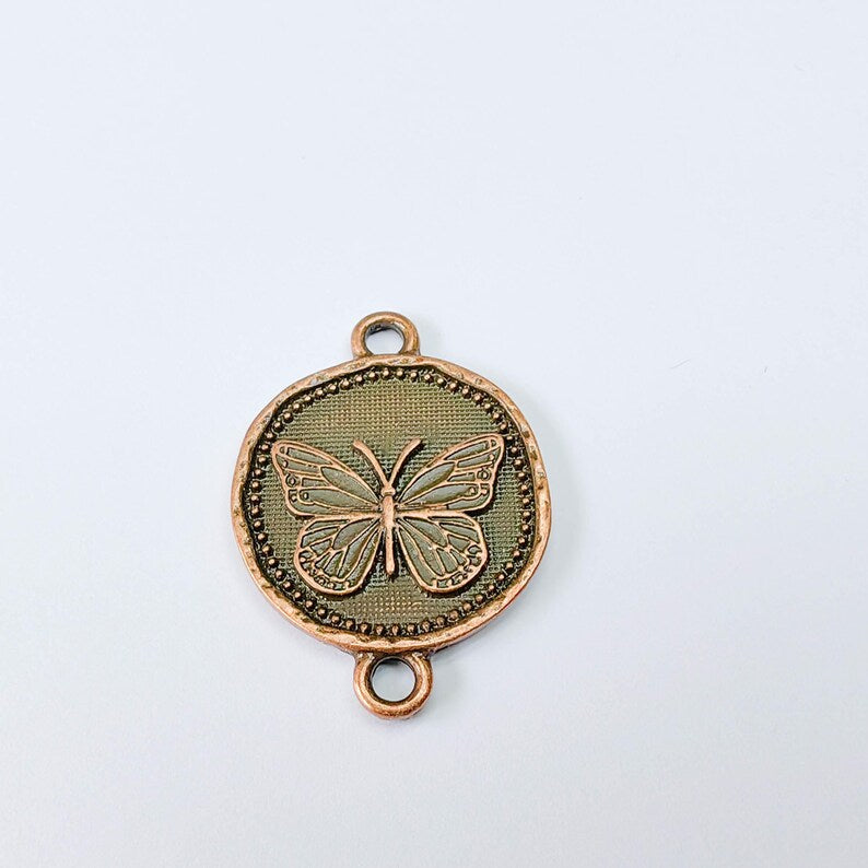 Butterfly Charm Connector, Round Insect Motif Design, Antique Copper Plated, Double Loop, 34x24mm, G37891