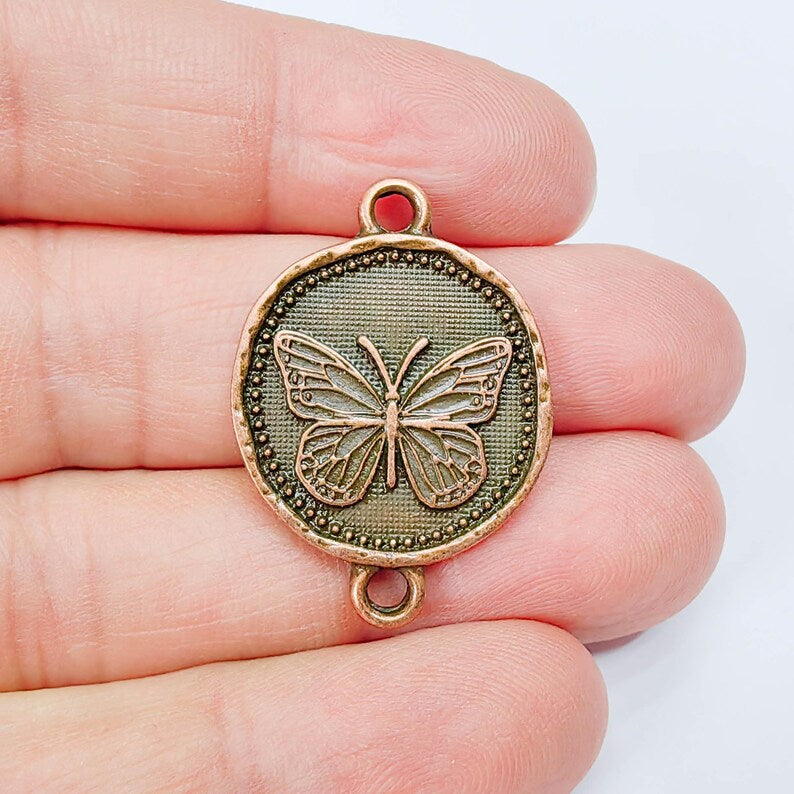 Butterfly Charm Connector, Round Insect Motif Design, Antique Copper Plated, Double Loop, 34x24mm, G37891