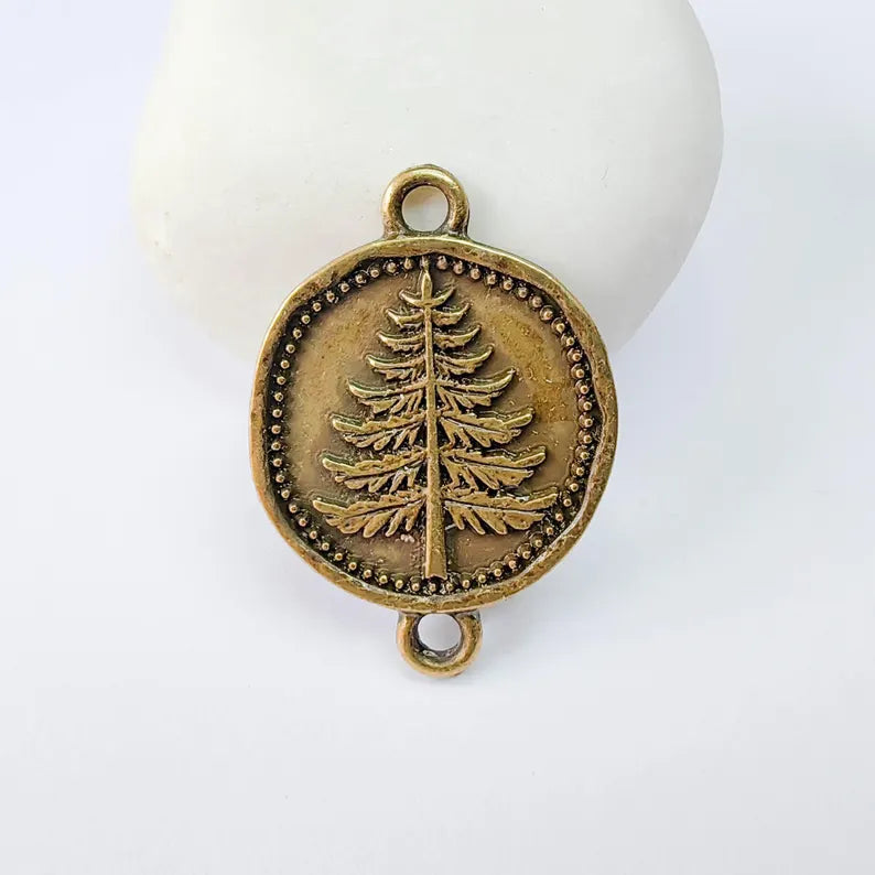 Pine Tree Charm Connector, Botanical Nature Symbol Design, Antique Bronze Plated 34x24mm, G37892