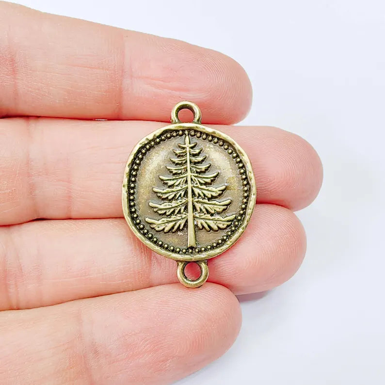 Pine Tree Charm Connector, Botanical Nature Symbol Design, Antique Bronze Plated 34x24mm, G37892