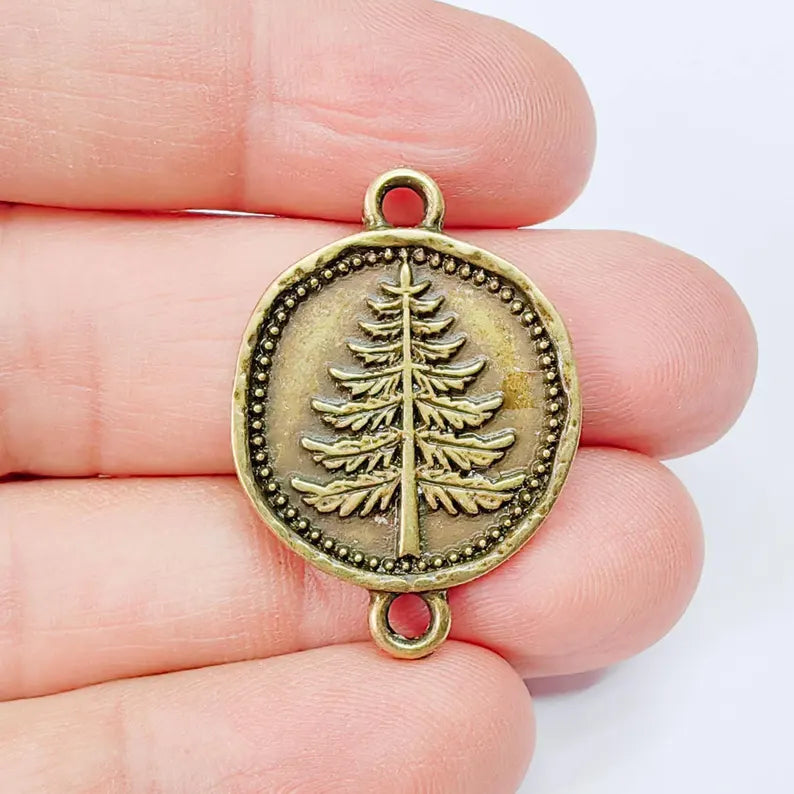 Pine Tree Charm Connector, Botanical Nature Symbol Design, Antique Bronze Plated 34x24mm, G37892